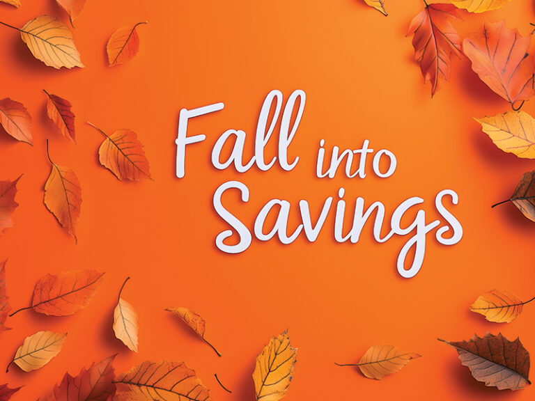 Picture of fall leaves on an orange background with words that say Fall Into Savings